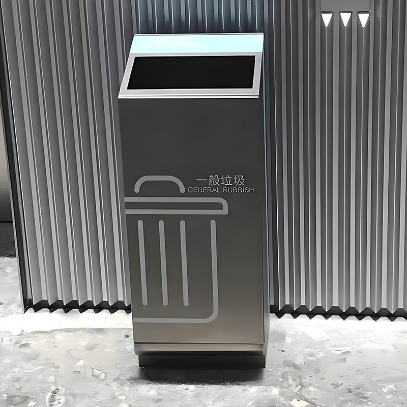 Modern outdoor vertical gray column street metal trash can stainless steel public rectangular sorting trash can